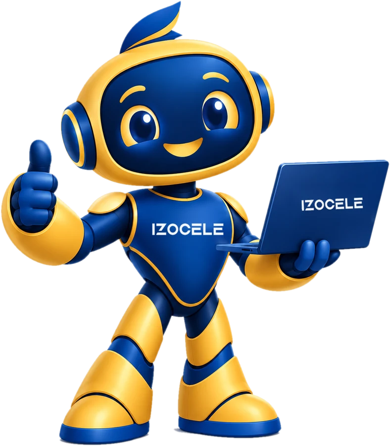 IzoBot, the Izocele robot mascot, giving a thumbs up with a laptop
